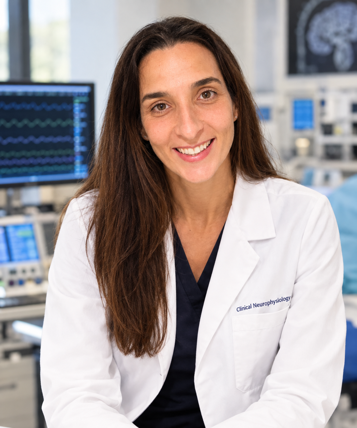 Vania Pinto in her neurophysiology lab coat